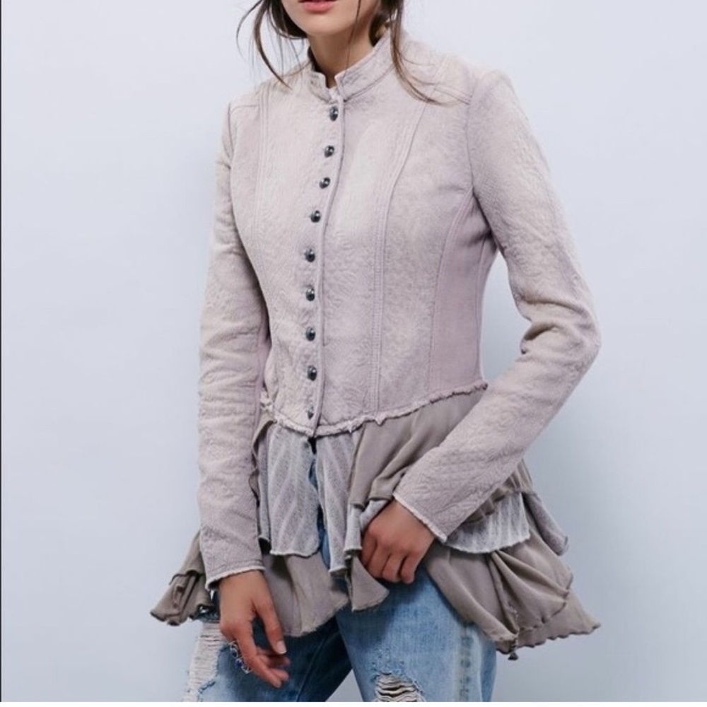Free People Light Beige Ruffle Hem Blazer